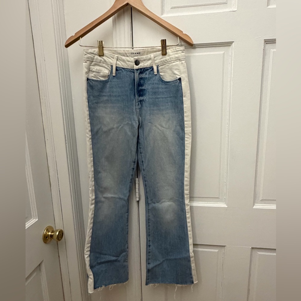 Frame Denim Women's Blue and Cream Cropped Mini Bootcut